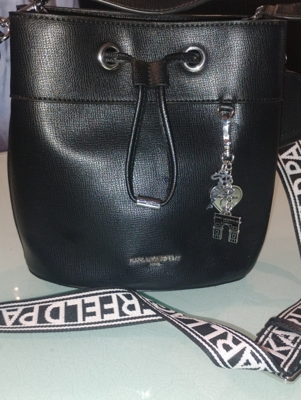 Karl Lagerfeld Black Textured Leather Drawstring Bucket Bag with Logo Strap